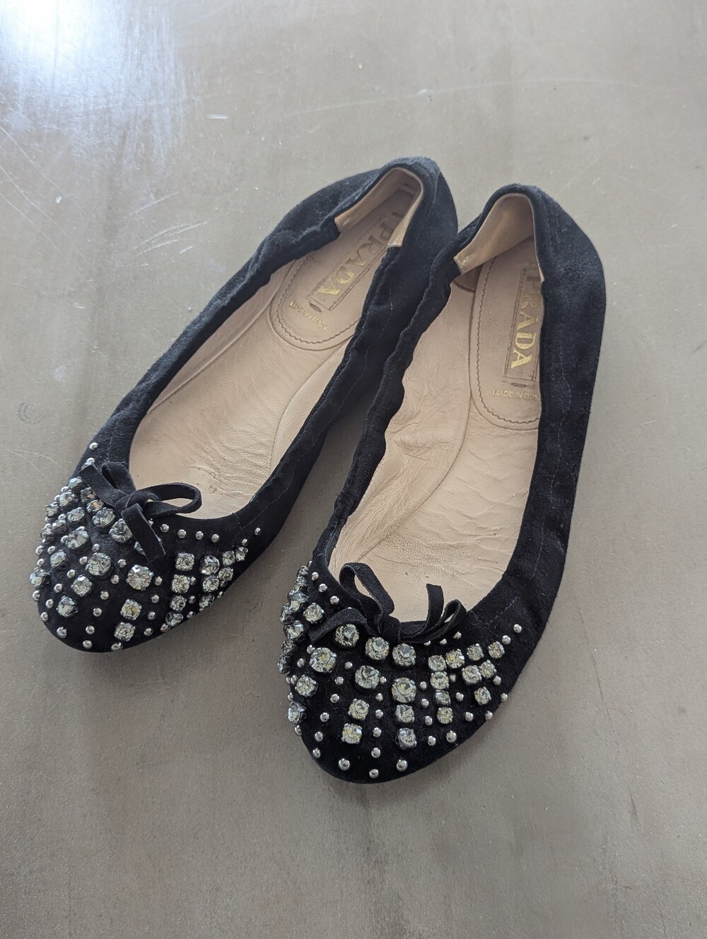 Prada Black Suede Crystal Stuffed Flats 37.5